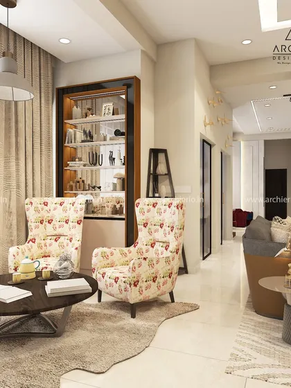 A different view of the living room, showing the floral armchairs and the open, airy layout. The design is perfect for creating a comfortable and stylish space for conversation.