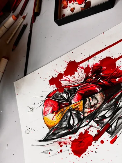 An angled shot of the finished Deadpool and Wolverine piece, showing the texture of the paper and the vibrant red ink splatters that bring the drawing to life.