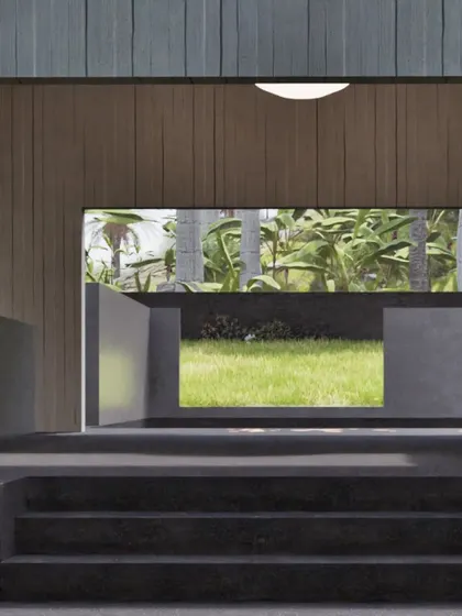This series of renders explores the artist's residence, inspired by traditional Indian courtyard homes ('thotti mane'). The design features a concrete shell, an open-to-sky courtyard, and an agarbatti niche, fusing modern form with sensory, traditional details that connect the space to both culture and nature.