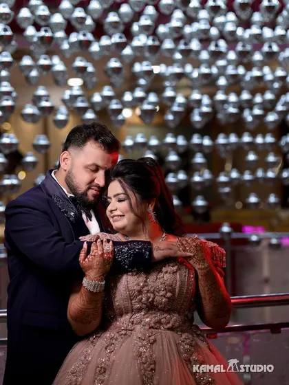 A series of portraits from an engagement, capturing the couple's love against a backdrop of sparkling disco balls.