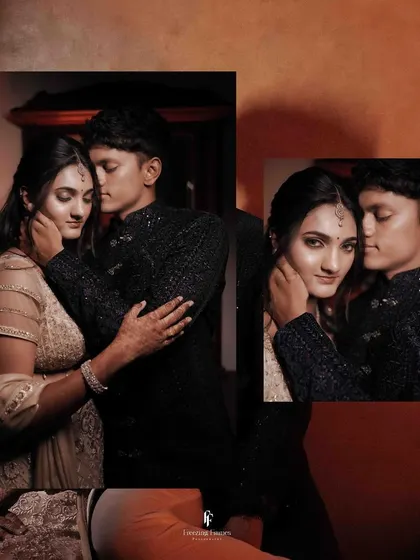 A collage of a couple sharing an intimate embrace, the warm tones creating a romantic mood.