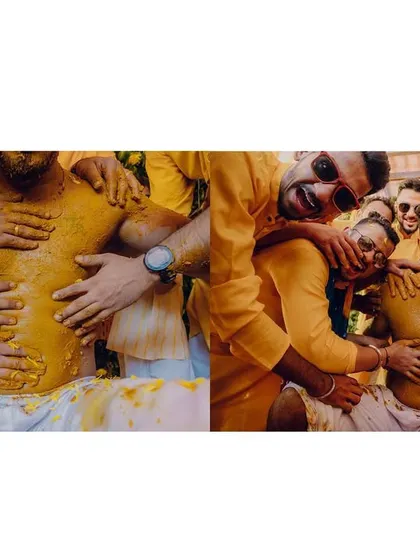 The groom's friends having the time of their lives during the Haldi. These moments of pure fun and camaraderie are an essential part of the wedding story.