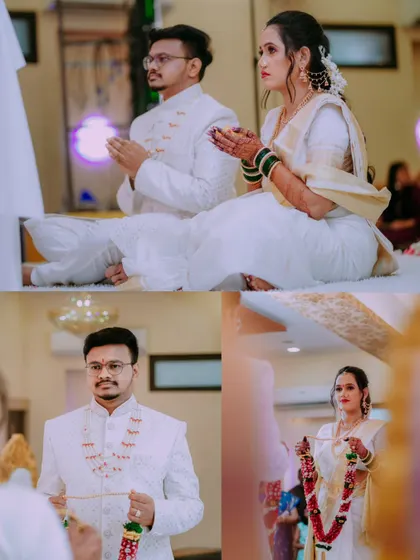 A collage capturing the solemn moments of the wedding ceremony, with the couple in matching white traditional outfits.