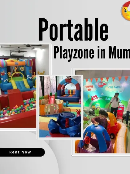 A collage of three different playzone setups, including two with large bouncy castles and one with an interactive car wash station. It shows that I have the perfect playzone for any party theme.