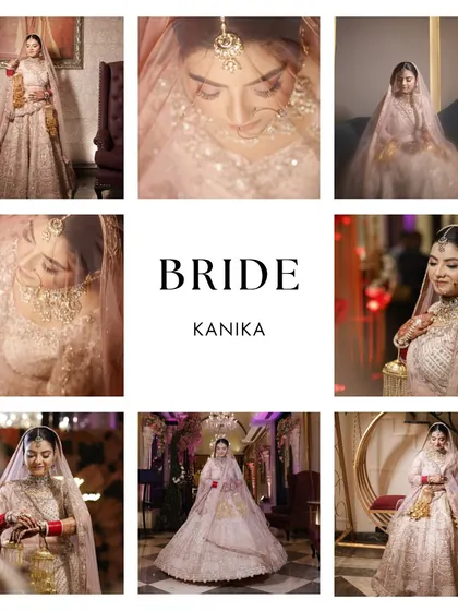 A beautiful collage showcasing the bride's elegance and versatility in her pastel wedding lehenga. It captures various poses and moods, from thoughtful to joyful.