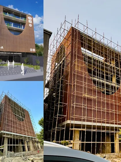 A collage showing the "Shang Chi Cafe" project's progress. It juxtaposes the initial rendering with photos from the construction site, offering a transparent look at how we are bringing this unique architectural concept to life.