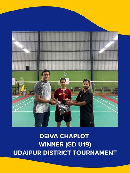 Deiva Chaplot, winner of the U19 Girls Doubles at the Udaipur District Tournament, pictured with her coach Neelesh Thakur. A proud moment for our Chawat Sports Academy center.