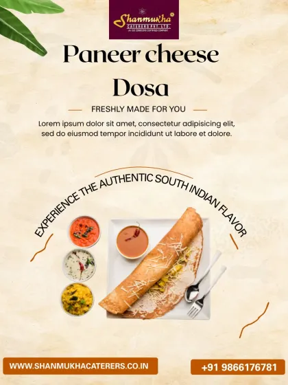 Experience the authentic flavor of South India with our Paneer Cheese Dosa, a thin, crispy crepe filled with spiced paneer and cheese, served with chutney and sambar.