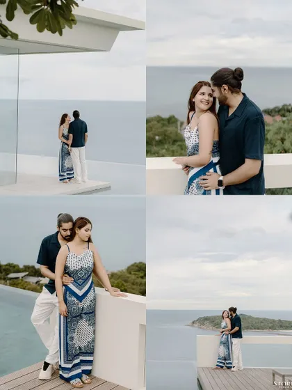 A collage of moments from a shoot at a villa in Thailand, showcasing the stunning views and the couple's connection.