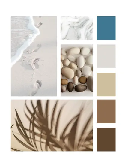 Another view of the coastal mood board, emphasizing the blend of colors and textures that will inform the design, from the flooring to the wall colors and decorative accents.