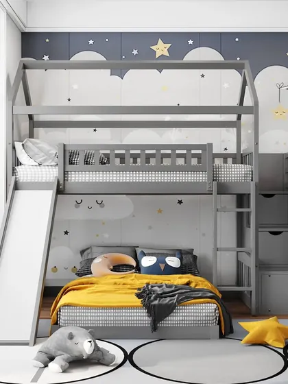 This bunk bed is a complete adventure zone. I designed it to look like a little house, complete with a staircase that has built-in storage drawers and a fun slide for an exciting way to wake up.