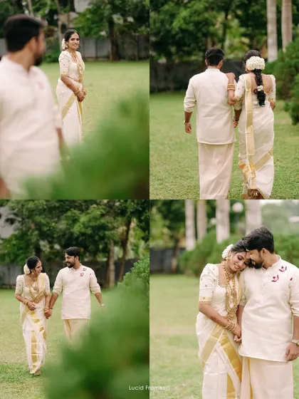 A collage of moments from a garden photoshoot, showing the couple's first look, a quiet walk, and a tender embrace.