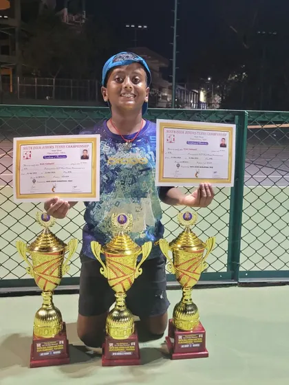 Krish Yadlapalli with his impressive haul from the U14 state open championship, where he won the U11 singles, U12 singles, and U14 doubles titles.