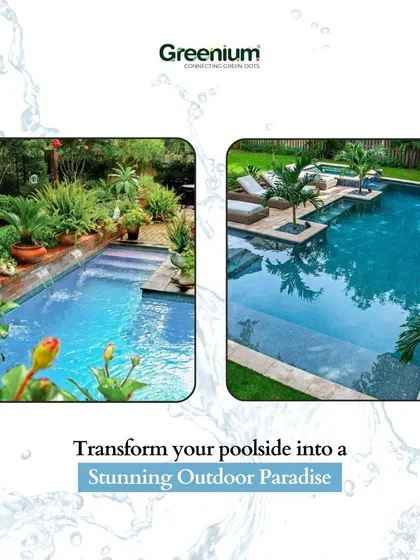 Transform your poolside into a stunning outdoor paradise. This image collage shows two different styles of poolside landscaping, one with lush, tropical greenery and another with modern, clean lines and palm trees.