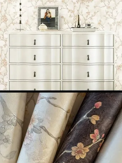 A collage showing a neutral floral wallpaper in a bedroom and a close-up of the different color rolls.