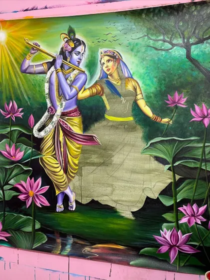 An in-progress shot of the Radha Krishna painting. Here, Krishna is fully painted, but Radha's form is still a sketch, showing the contrast between the start and finish.