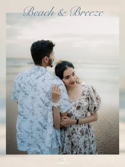 A serene portrait of a couple on the beach, with the bride resting her head on the groom's shoulder. The soft evening light and calm sea create a peaceful and romantic mood.