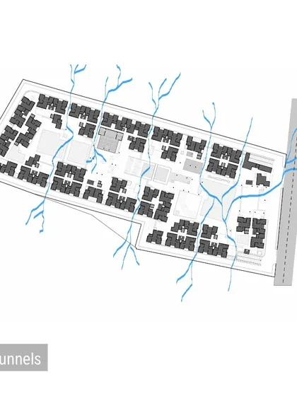 A diagram showing the planned wind tunnels at Brigade Parkside East. By strategically placing buildings, we create corridors for natural air movement, which helps in passively cooling the common areas and apartments.