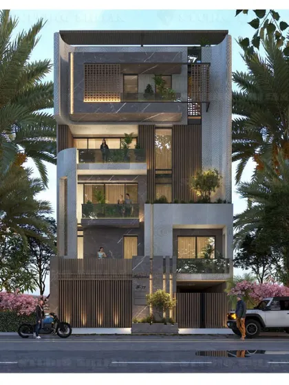 A modern facade in Rajouri Garden, Delhi, for a 256 sq. yard plot. The design features a striking combination of dark marble-like panels and perforated screens.