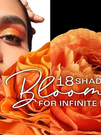 A vibrant ad for a Lakmé eyeshadow palette. The model showcases a dramatic orange eye look, which is complemented by the product shot and a large floral graphic, tying into the 'Bloom' campaign theme.