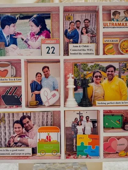 Twenty years of a beautiful love story, captured in a single frame. I designed this bespoke shadow box to celebrate a special anniversary, weaving in personal memories from their journey, from inside jokes to shared passions.