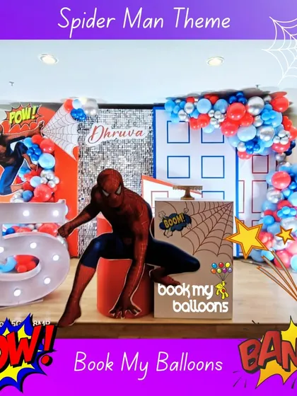 We brought the friendly neighborhood Spider-Man to Dhruva's fifth birthday. The decor featured comic book style "POW!" and "BANG!" effects, character cutouts, and a city skyline backdrop for a web slinging good time.