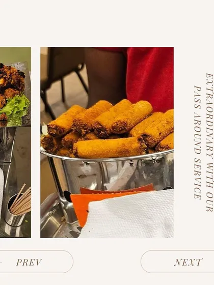 We deliver extraordinary service with our pass-around appetizers. This image shows our crispy spring rolls, ready to be served to guests.