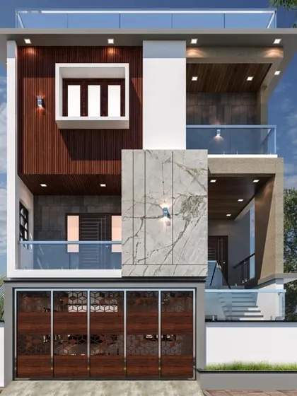 A direct front elevation render of the residence for Mr. Nagabhushan. This view details the interplay between the solid wood-paneled section, the central marble feature, and the open balconies, showcasing a balanced composition.