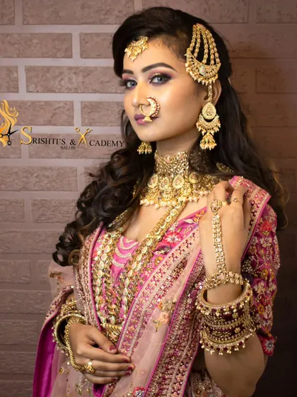 A close-up showcasing the intricate jewelry and makeup. The side-swept hair and passa are key elements of this stunning traditional look.