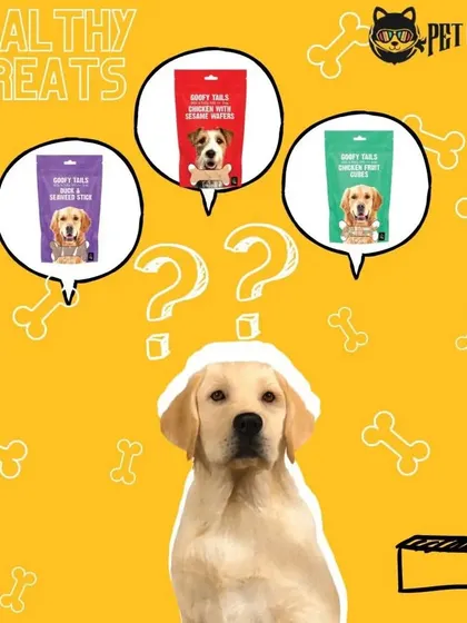 It can be hard to choose just one! This image shows a few of our popular healthy treat options from Goofy Tails, including Chicken with Sesame Wafers and Duck & Seaweed Sticks.