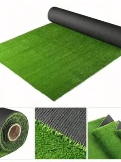This shows the artificial grass mat in a roll and close-ups of its texture and backing. The perforated backing allows for proper water drainage.