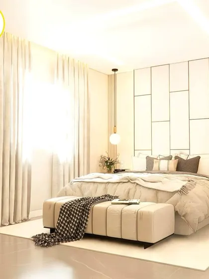 A beautiful shot of the white bedroom, showcasing the interplay of light and shadow.