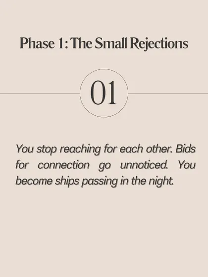 Phase 1: The Small Rejections. This is where it begins. You stop reaching for each other, and bids for connection go unnoticed. You become like ships passing in the night.