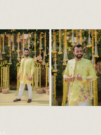 A diptych of the groom in his vibrant yellow Haldi outfit, looking cheerful and ready for the festivities.