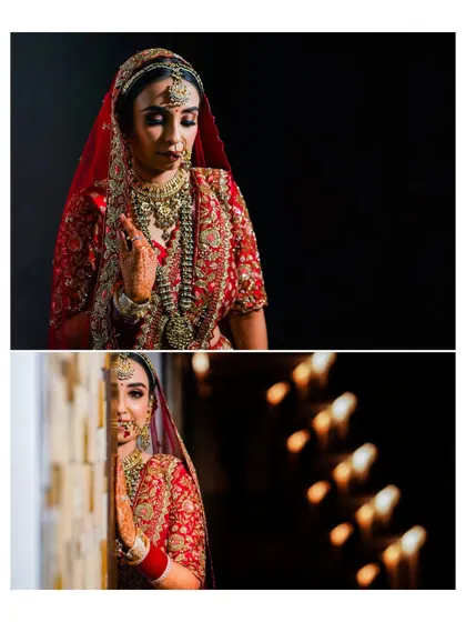 A collage of artistic bridal portraits. The use of shadows and a peek-a-boo shot from behind a wall creates a sense of mystery and elegance.