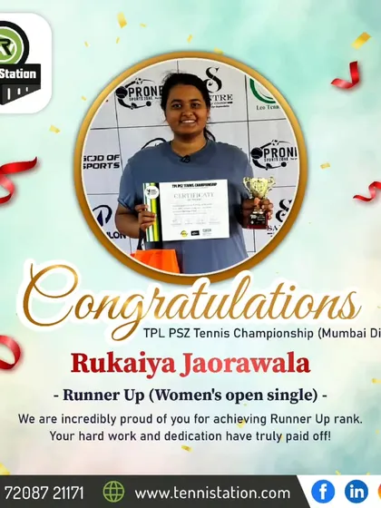 A fantastic achievement for Rukaiya Jaorawala, securing the Runner Up spot in the Women's Open Singles at the TPL PSZ Tennis Championship. Her success inspires both our junior and adult players.