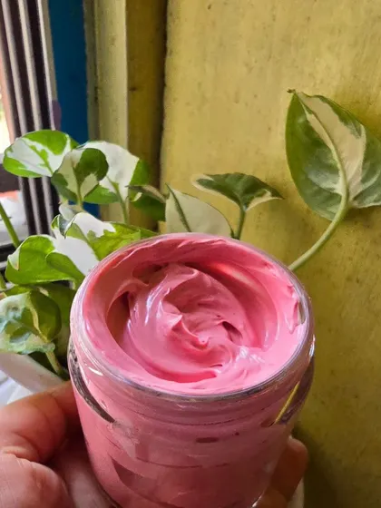 The lovely pink Rose Calamine Facepack. It's very gentle and helps to boost collagen and rejuvenate skin cells.