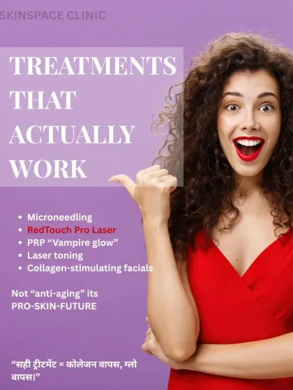 We focus on being "pro-skin-future" rather than just "anti-aging." Treatments like Microneedling, RedTouch Pro Laser, and PRP work to stimulate your skin's own collagen, bringing back its natural glow and health. Sahi treatment = collagen vapas, glow vapas!