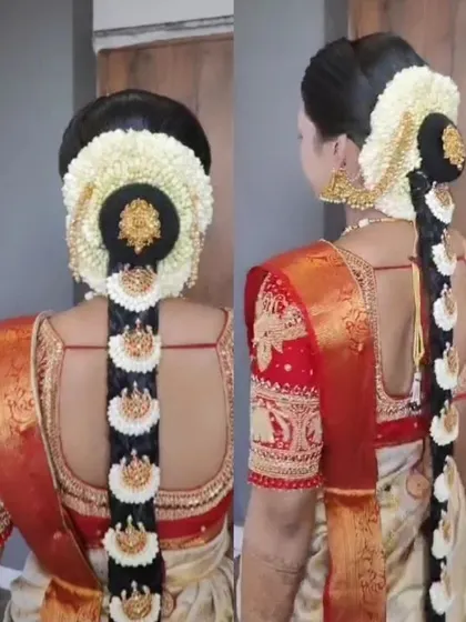A dual view of a 'Muhurtham' look, showing the front and side profile of a traditional braid with jasmine flowers and fan-shaped hair ornaments.