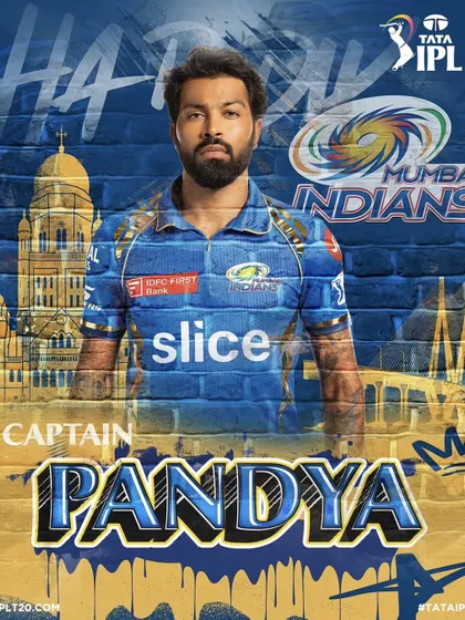 A stylized graphic poster featuring Hardik Pandya as the captain of the Mumbai Indians for the TATA IPL season.