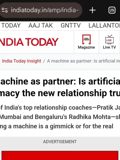 The India Today article where I was featured as one of India's top relationship coaches, discussing whether dating a machine is a gimmick or the future of relationships.