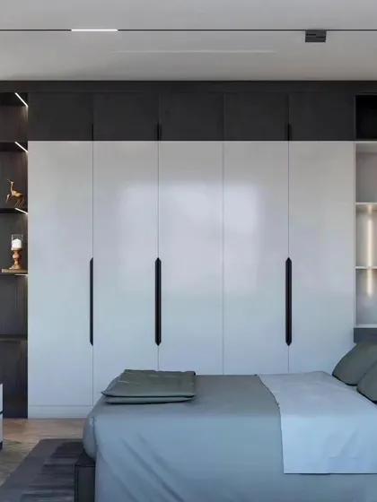 A 3D concept for a modern bedroom with a sleek two-tone wardrobe in dark grey and white. The integrated open shelving adds display space and visual interest.