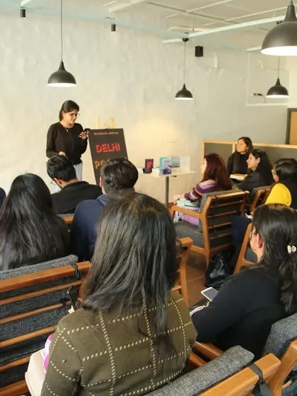 A shot from one of our open mic events at the Two Roads Studio. We provide a platform for poets of all levels to share their work in a supportive environment.