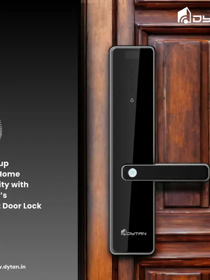 Level up your home security with our smart door lock, shown here on a classic wooden door. The fingerprint icon emphasizes the ease of biometric access.