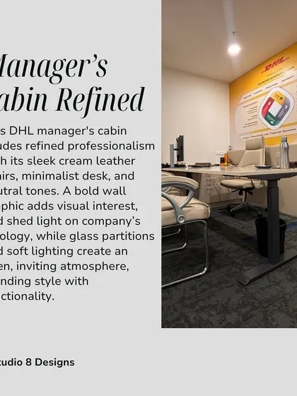 The manager's cabin at DHL, designed for refined professionalism. We used cream leather chairs, a minimalist desk, and a bold wall graphic to create a space that is both stylish and functional.