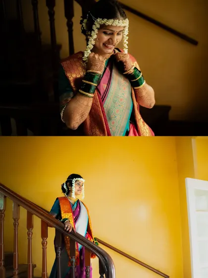 A collage of the bride's portraits, capturing her candid smiles and elegant poses in her traditional wedding attire.