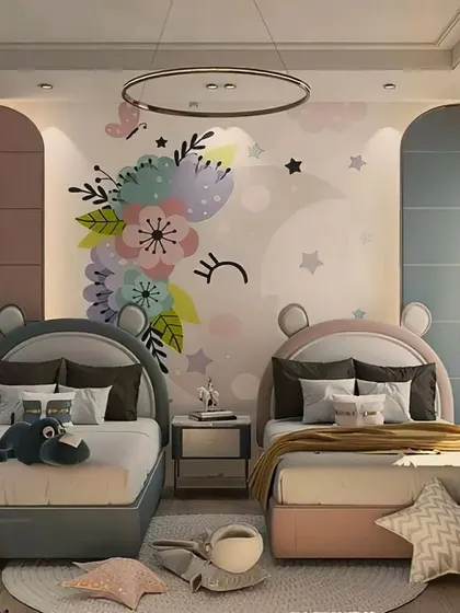 A whimsical shared bedroom for two kids, featuring a large unicorn wall mural. The beds have cute bear-shaped headboards, and the soft color palette creates a dreamy and magical atmosphere.