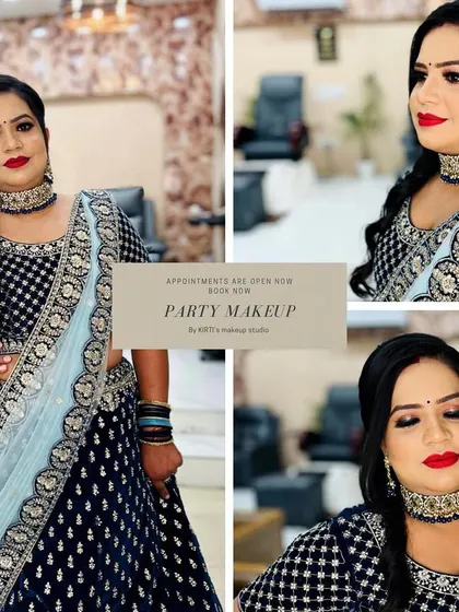A classic party look with a bold red lip and a winged eyeliner. The client's dark blue and silver outfit is perfectly complemented by the timeless makeup.