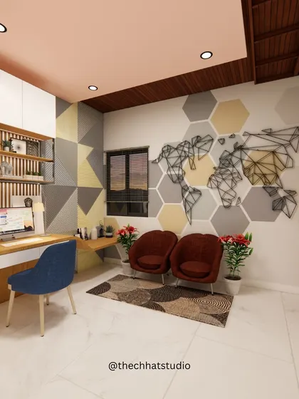 Another perspective of the shared study room, this time featuring a geometric accent wall with a world map decal. This element adds a touch of personality and inspiration, making the space feel both functional and creative.