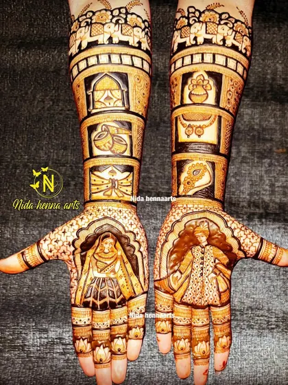 An Indian traditional design with a dulha-dulhan figure, combined with various ritualistic symbols in boxes along the arms.